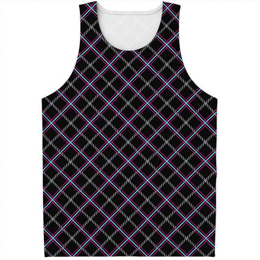 Black Grey Blue And Pink Tartan Print Men's Tank Top