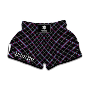 Black Grey Blue And Pink Tartan Print Muay Thai Boxing Shorts