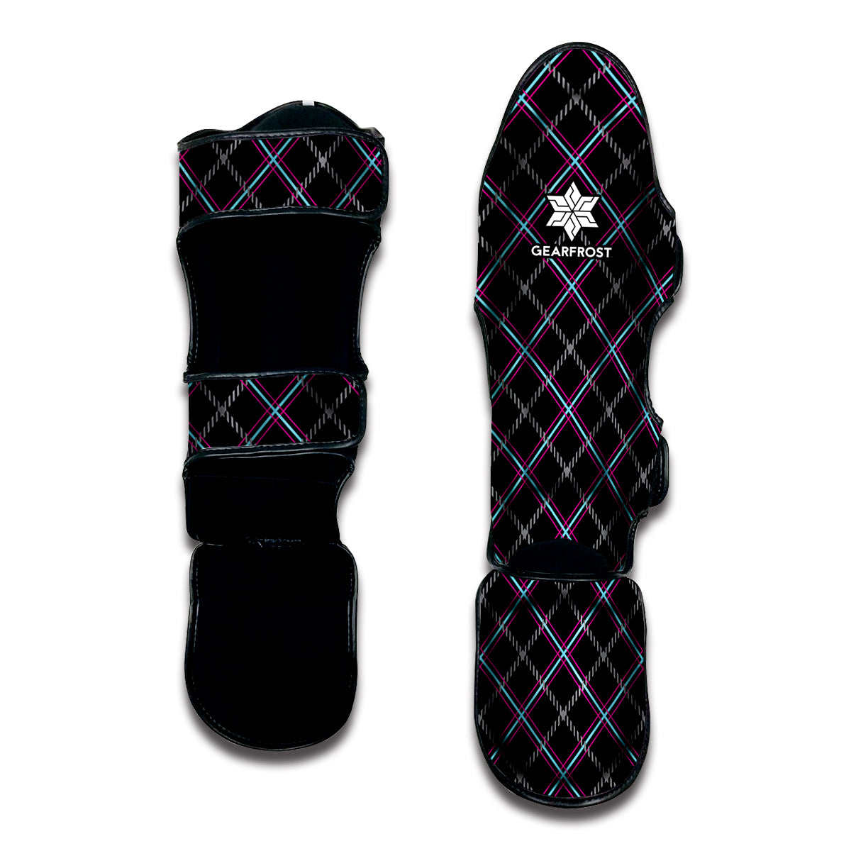 Black Grey Blue And Pink Tartan Print Muay Thai Shin Guard