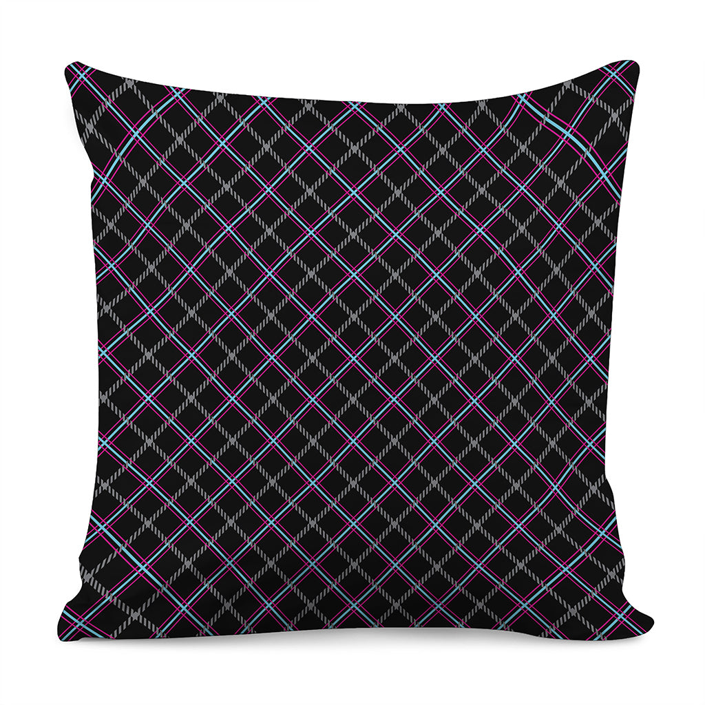Black Grey Blue And Pink Tartan Print Pillow Cover
