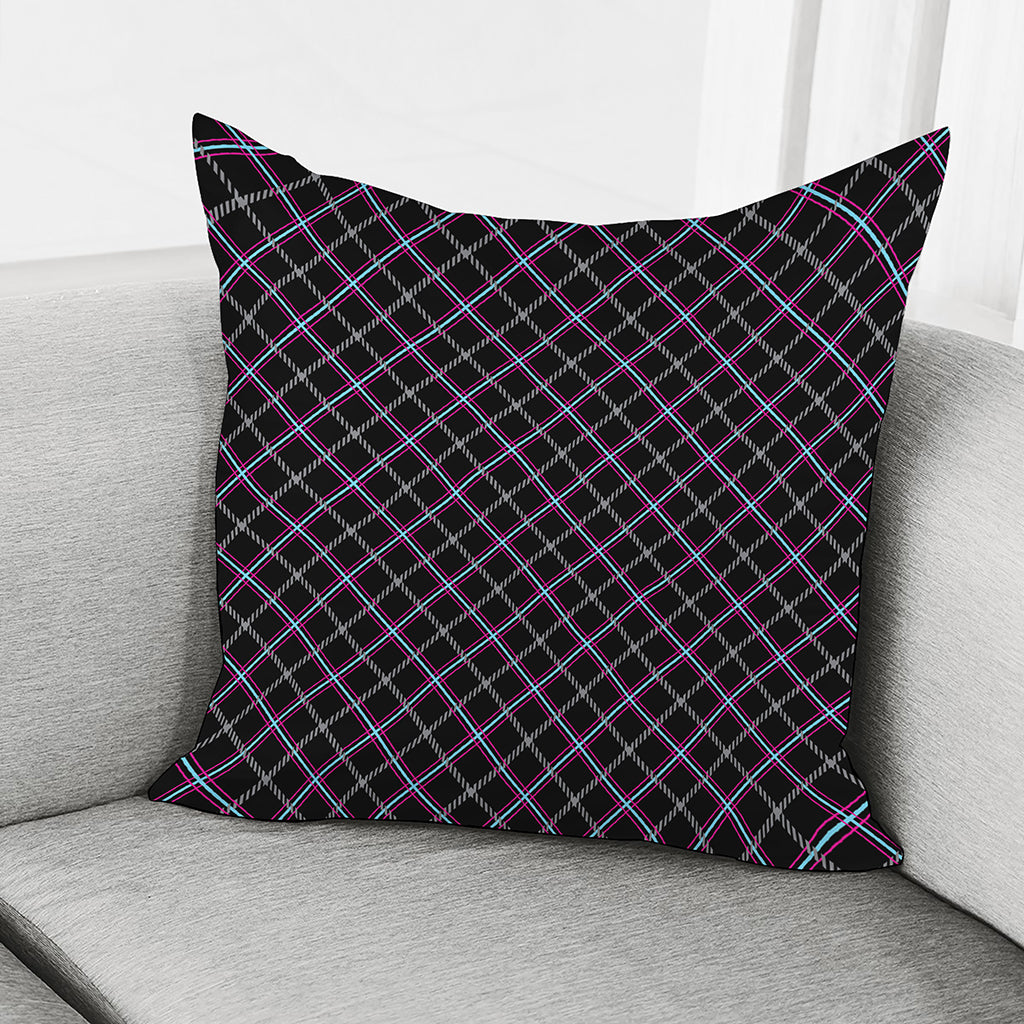 Black Grey Blue And Pink Tartan Print Pillow Cover