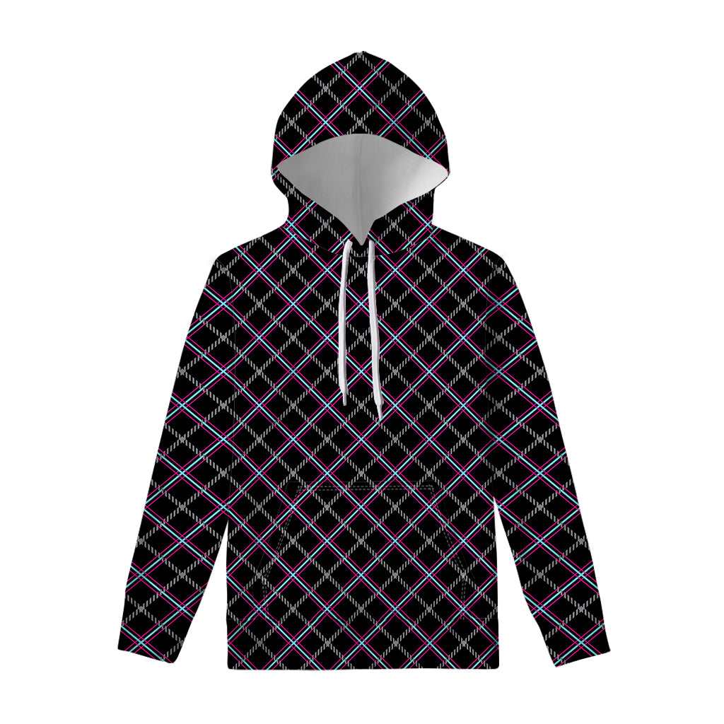 Black Grey Blue And Pink Tartan Print Pullover Hoodie