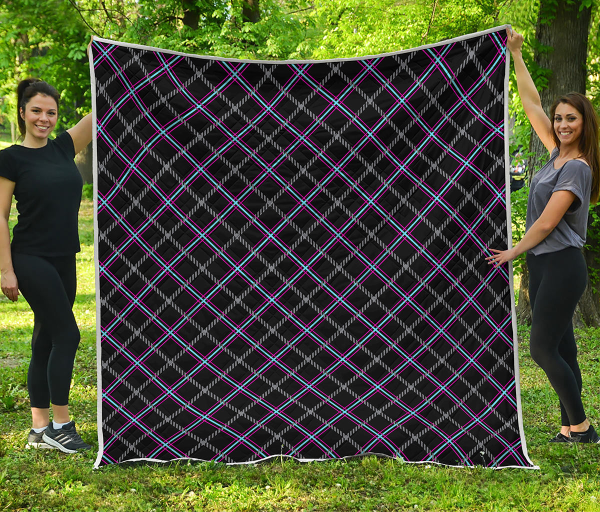 Black Grey Blue And Pink Tartan Print Quilt
