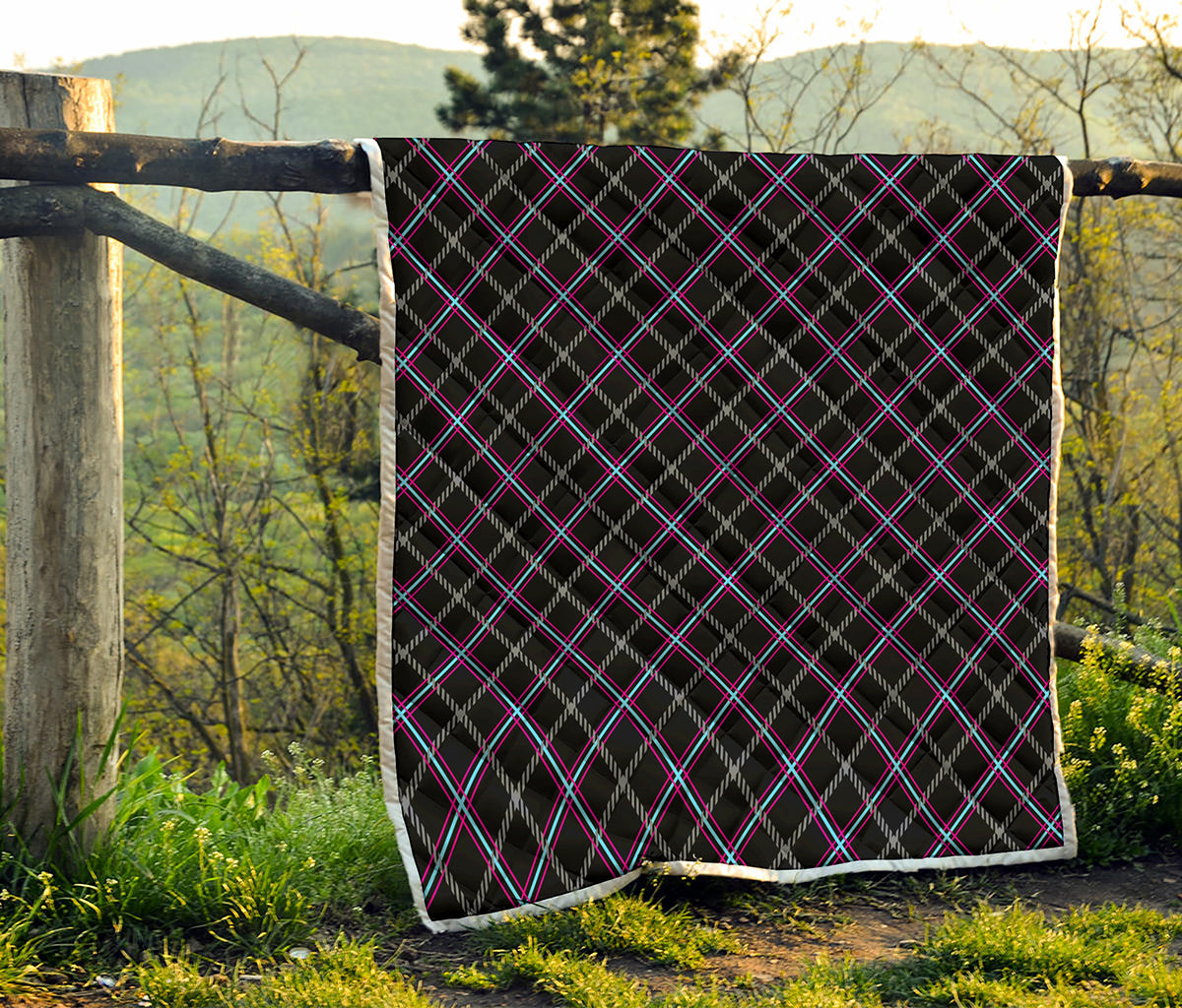 Black Grey Blue And Pink Tartan Print Quilt