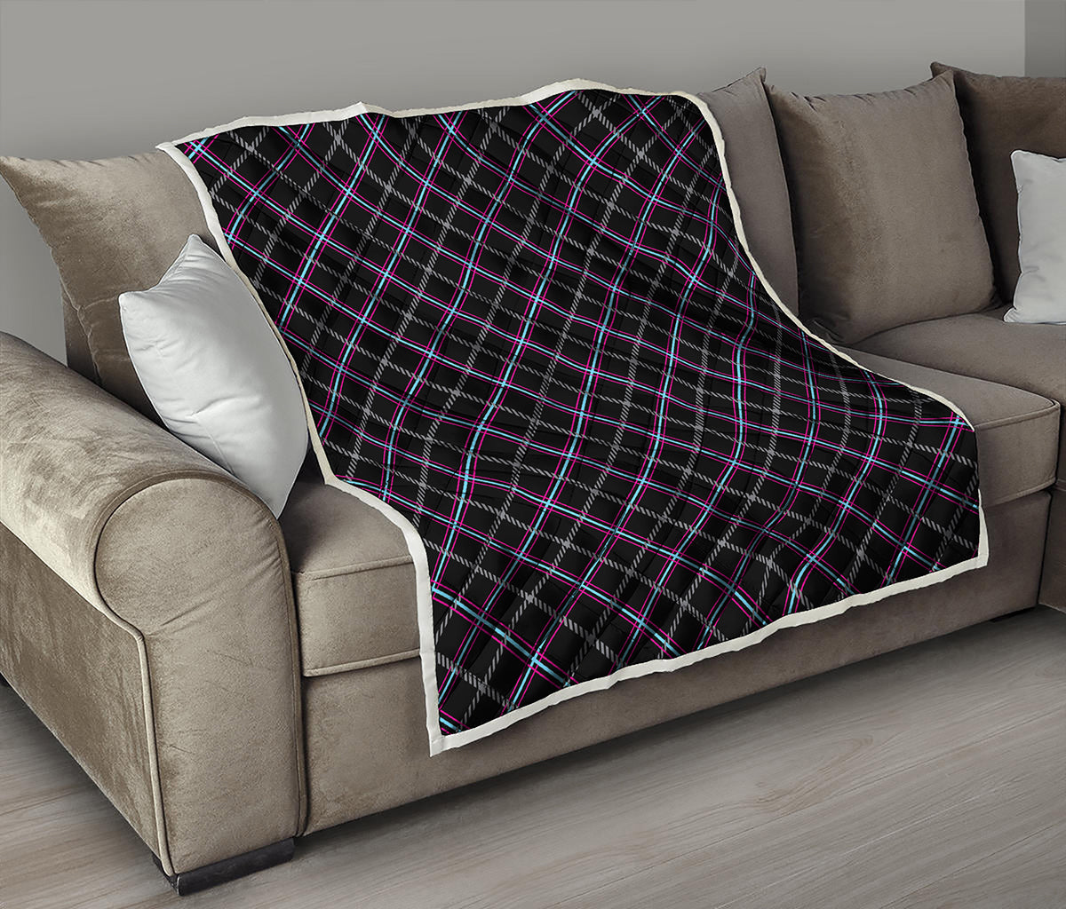 Black Grey Blue And Pink Tartan Print Quilt
