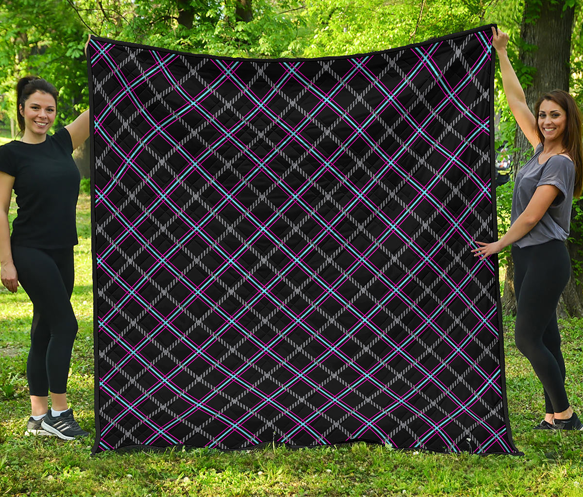 Black Grey Blue And Pink Tartan Print Quilt