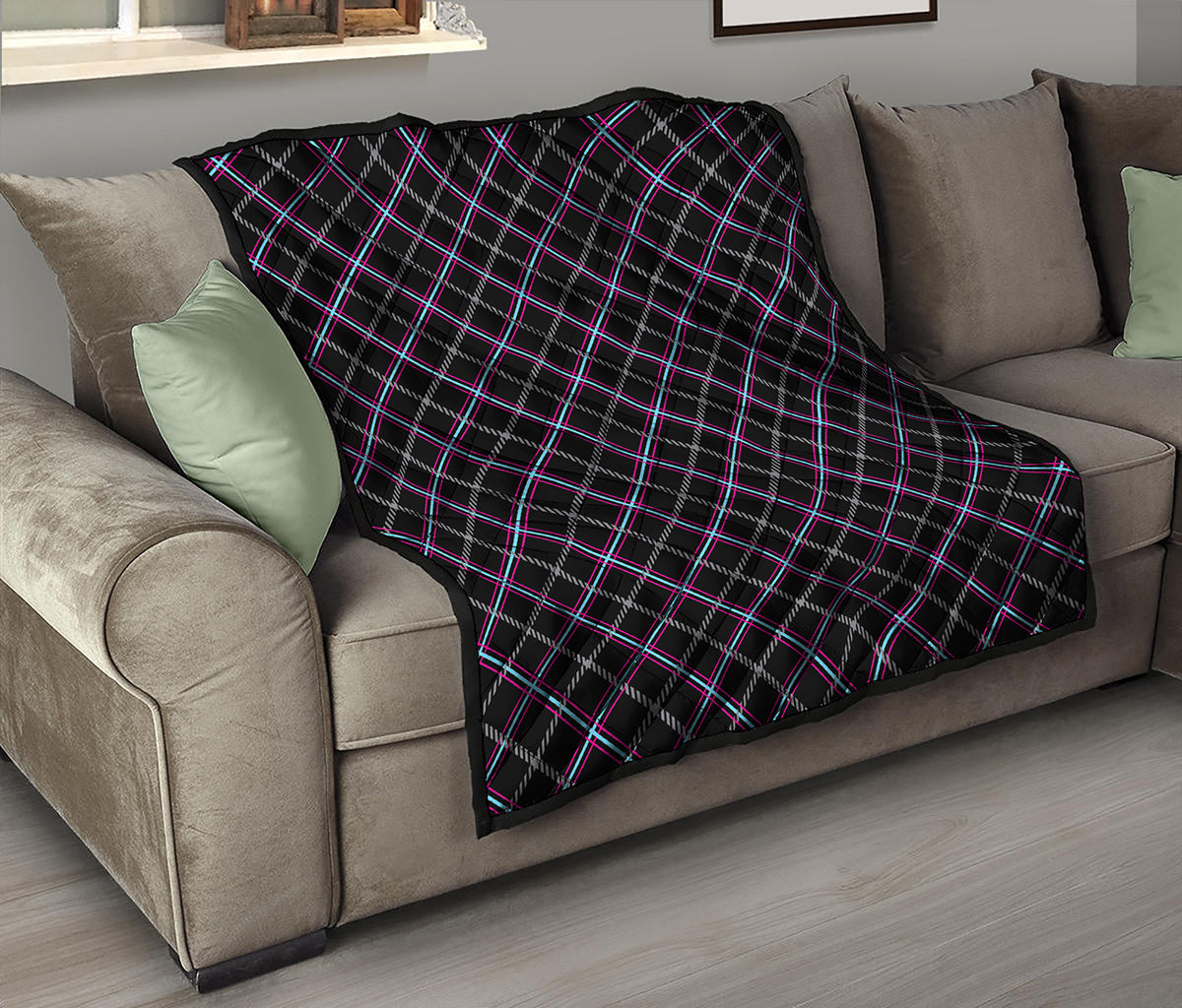 Black Grey Blue And Pink Tartan Print Quilt