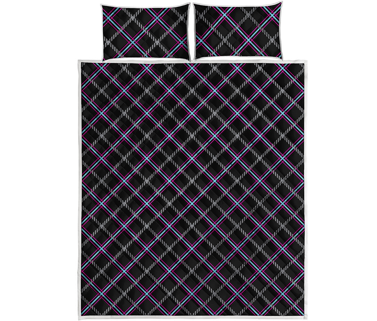 Black Grey Blue And Pink Tartan Print Quilt Bed Set