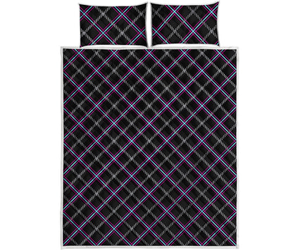 Black Grey Blue And Pink Tartan Print Quilt Bed Set