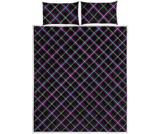 Black Grey Blue And Pink Tartan Print Quilt Bed Set
