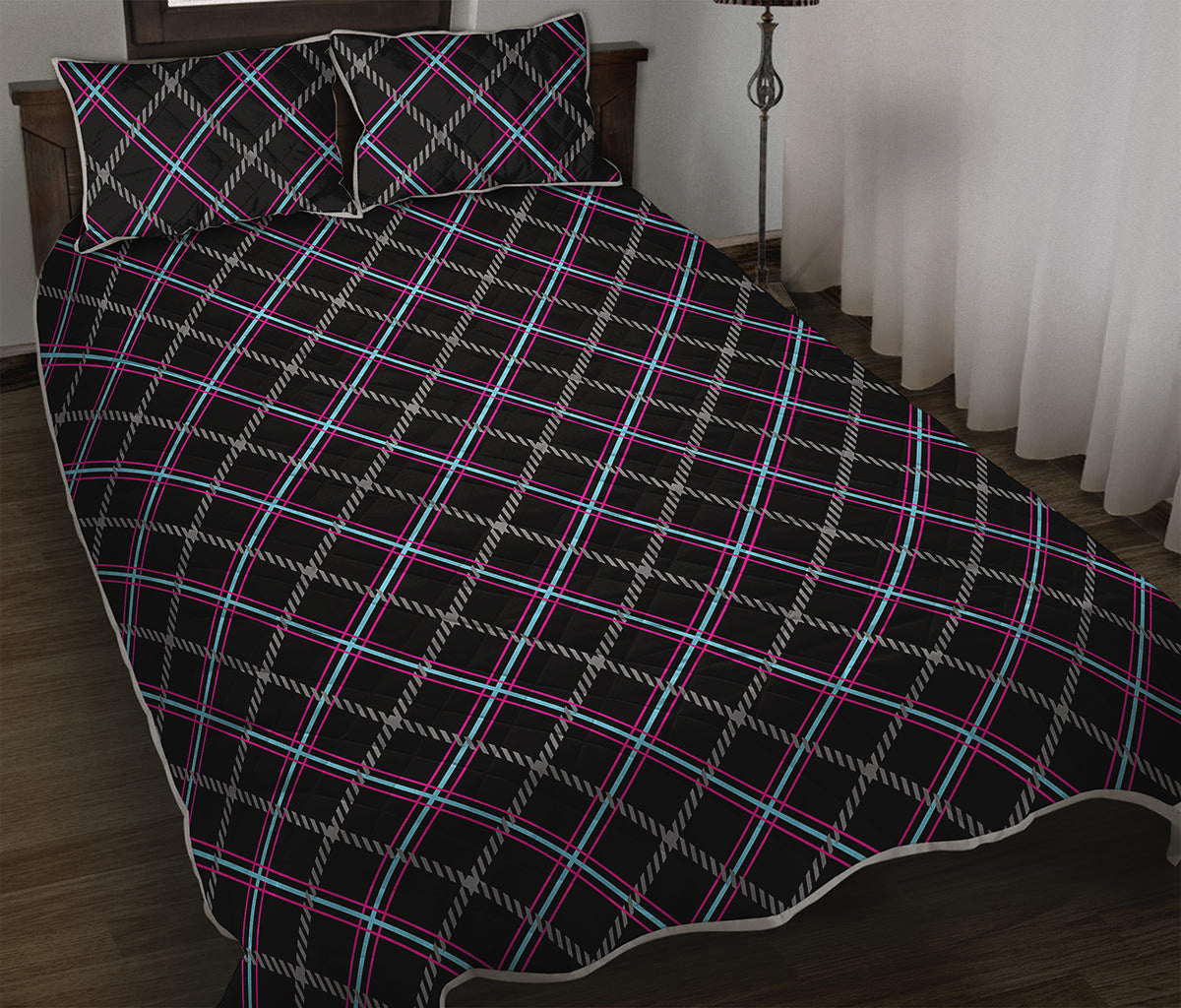 Black Grey Blue And Pink Tartan Print Quilt Bed Set