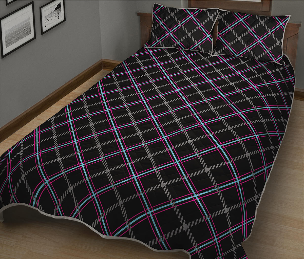 Black Grey Blue And Pink Tartan Print Quilt Bed Set