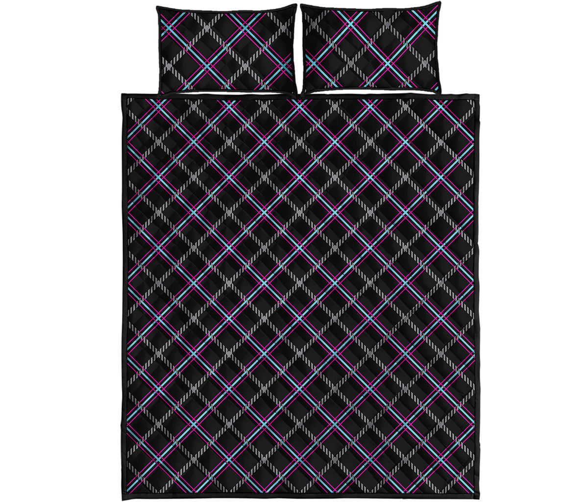 Black Grey Blue And Pink Tartan Print Quilt Bed Set