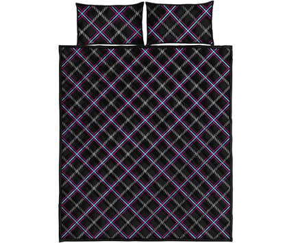 Black Grey Blue And Pink Tartan Print Quilt Bed Set