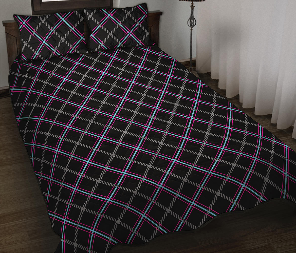 Black Grey Blue And Pink Tartan Print Quilt Bed Set