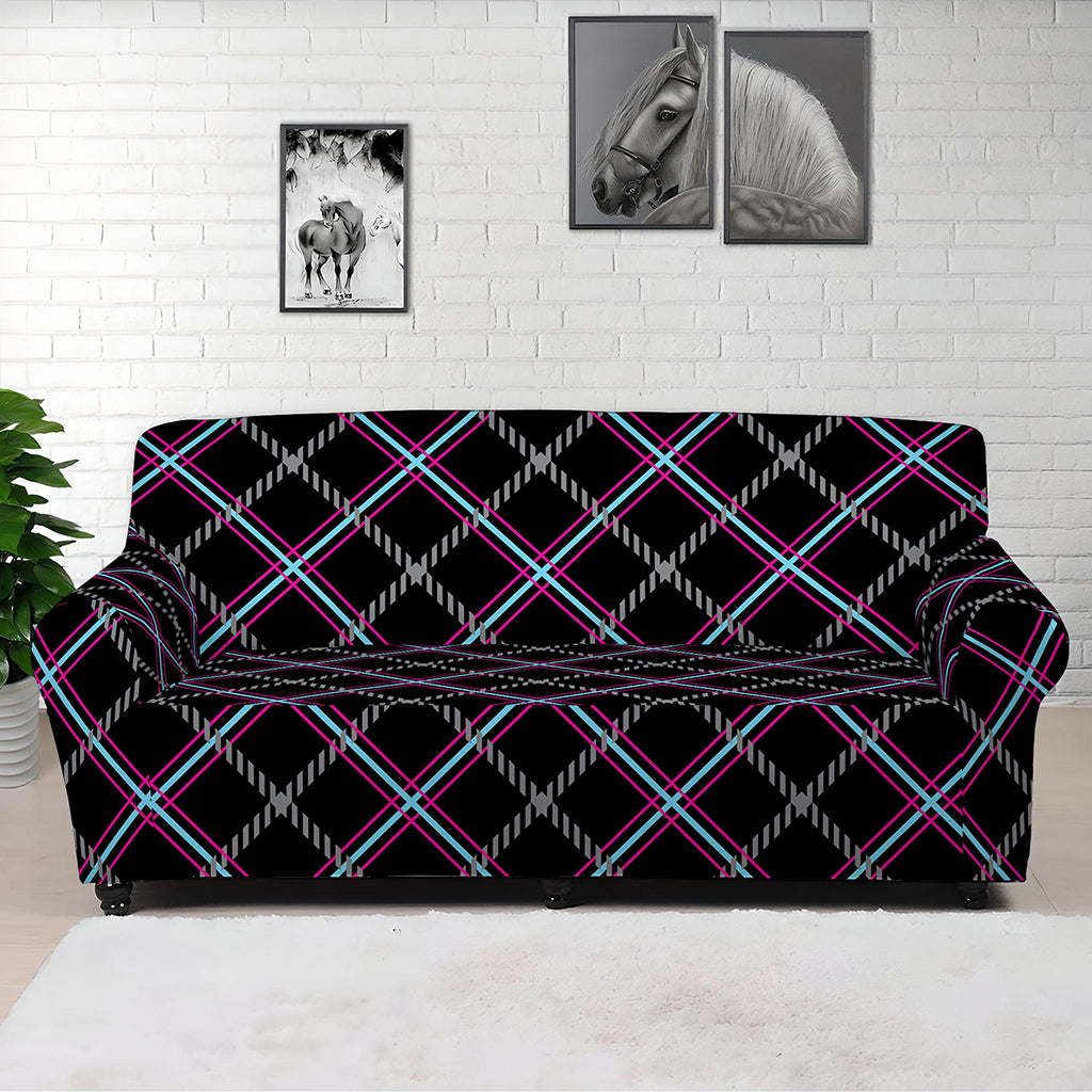 Black Grey Blue And Pink Tartan Print Sofa Cover