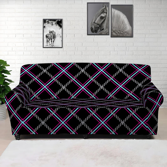 Black Grey Blue And Pink Tartan Print Sofa Cover