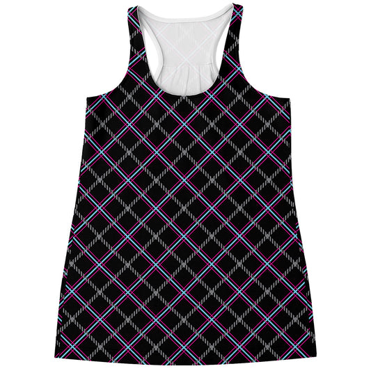 Black Grey Blue And Pink Tartan Print Women's Racerback Tank Top