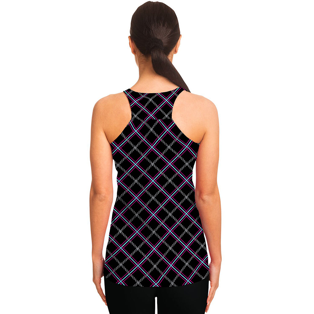 Black Grey Blue And Pink Tartan Print Women's Racerback Tank Top