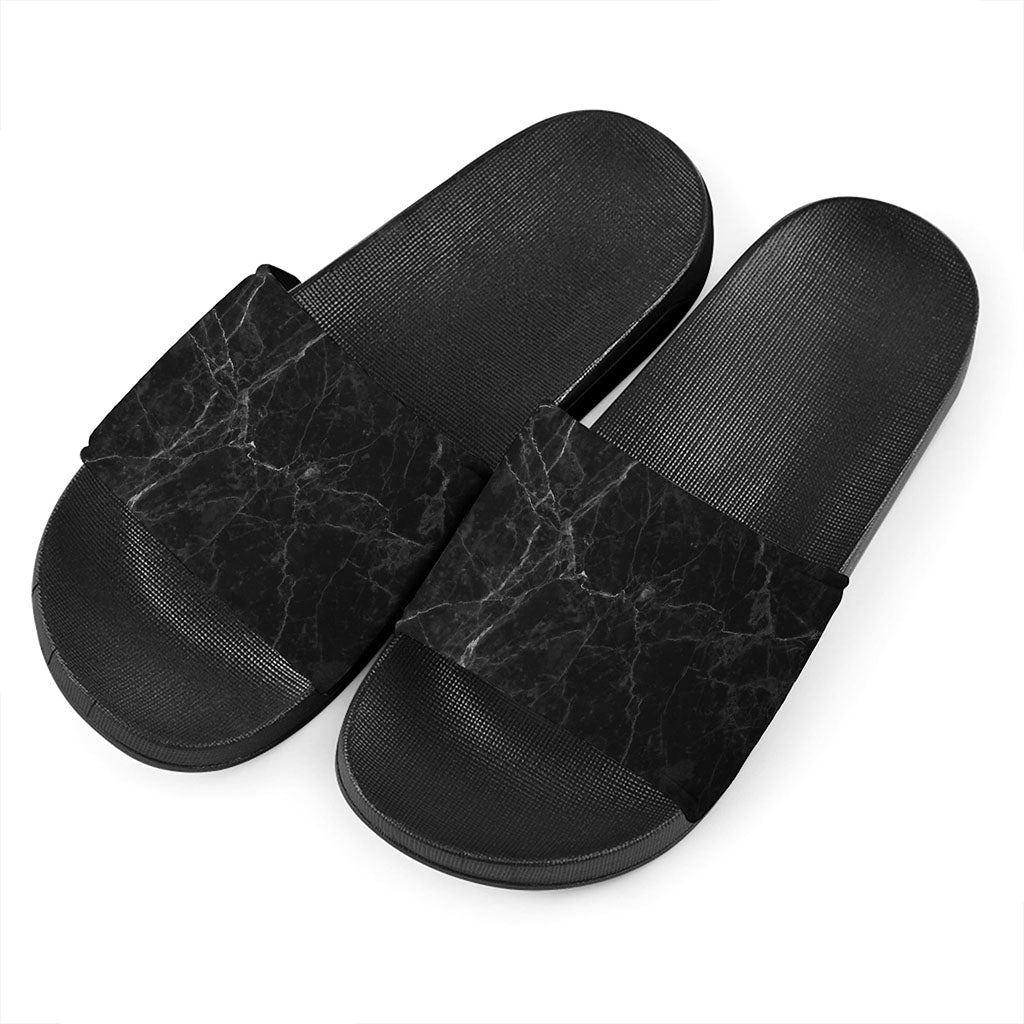 Black Grey Dark Marble Print Black Slide Sandals
