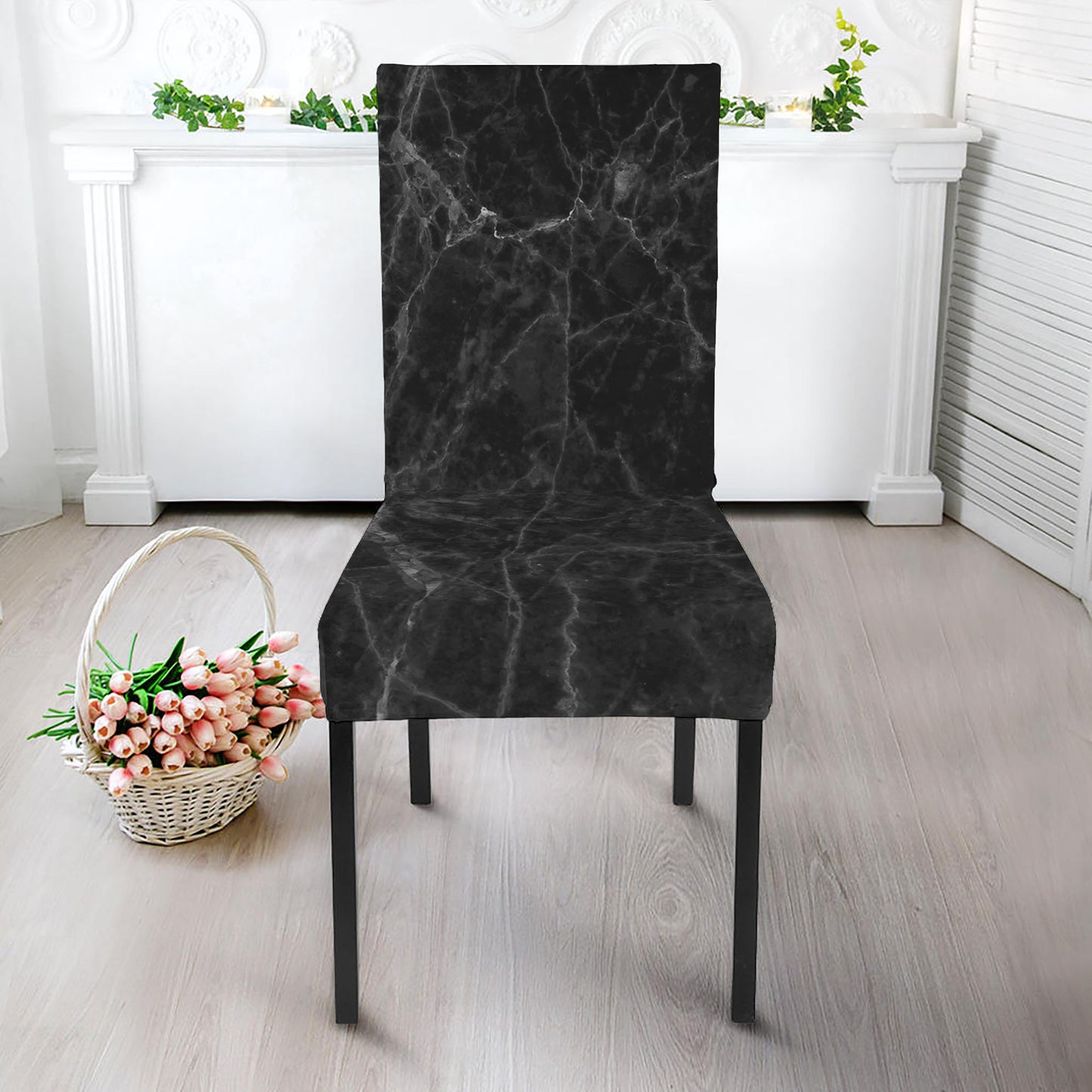 Black Grey Dark Marble Print Dining Chair Slipcover