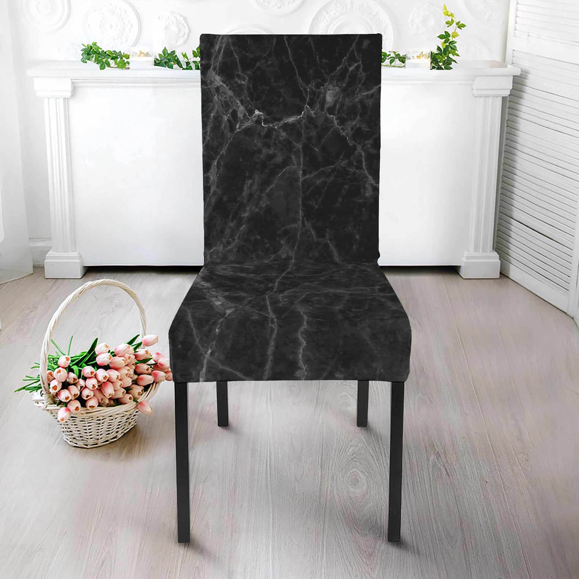 Black Grey Dark Marble Print Dining Chair Slipcover