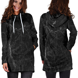 Black Grey Dark Marble Print Hoodie Dress GearFrost