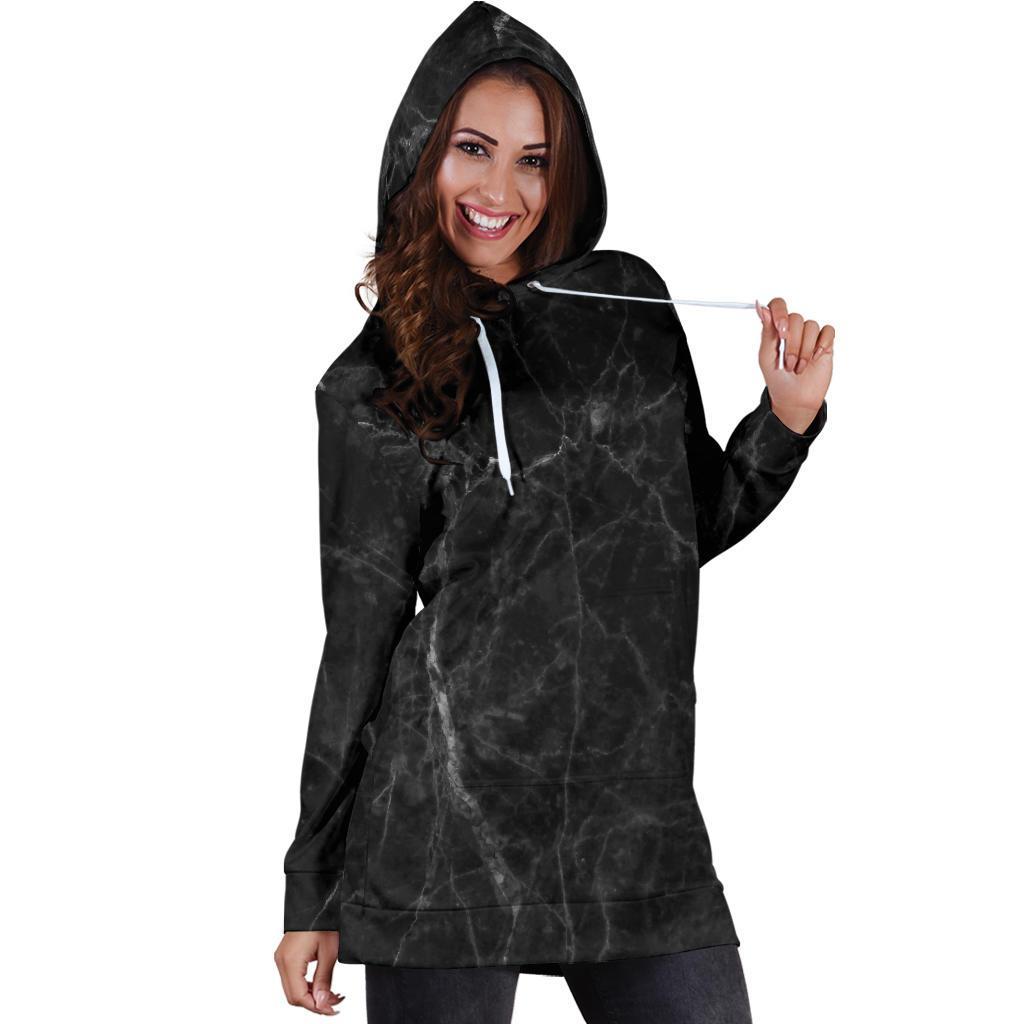 Black Grey Dark Marble Print Hoodie Dress GearFrost