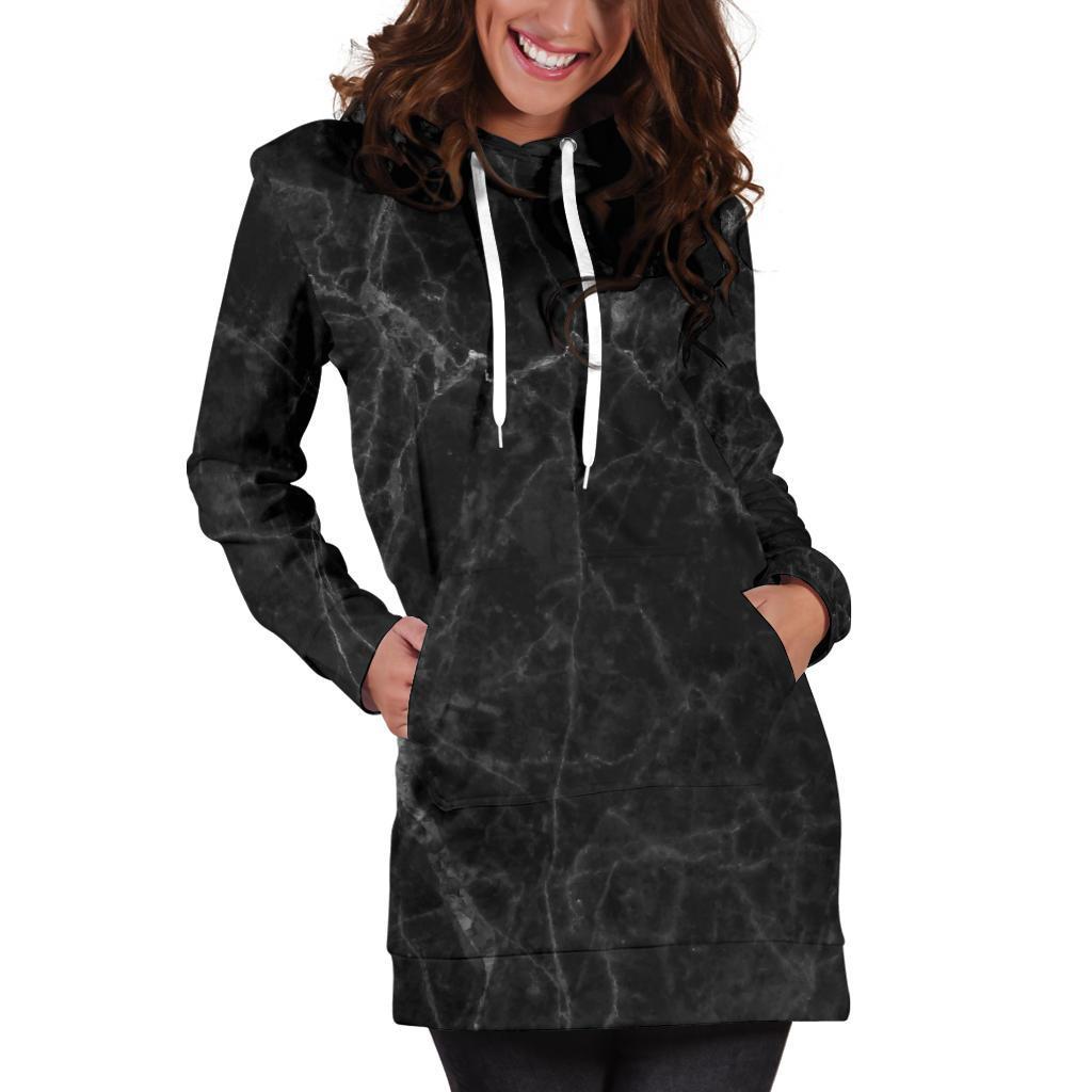 Black Grey Dark Marble Print Hoodie Dress GearFrost