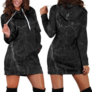 Black Grey Dark Marble Print Hoodie Dress GearFrost