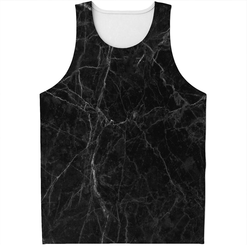 Black Grey Dark Marble Print Men's Tank Top