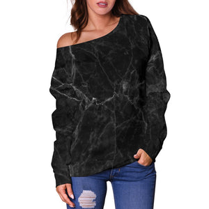 Black Grey Dark Marble Print Off Shoulder Sweatshirt GearFrost