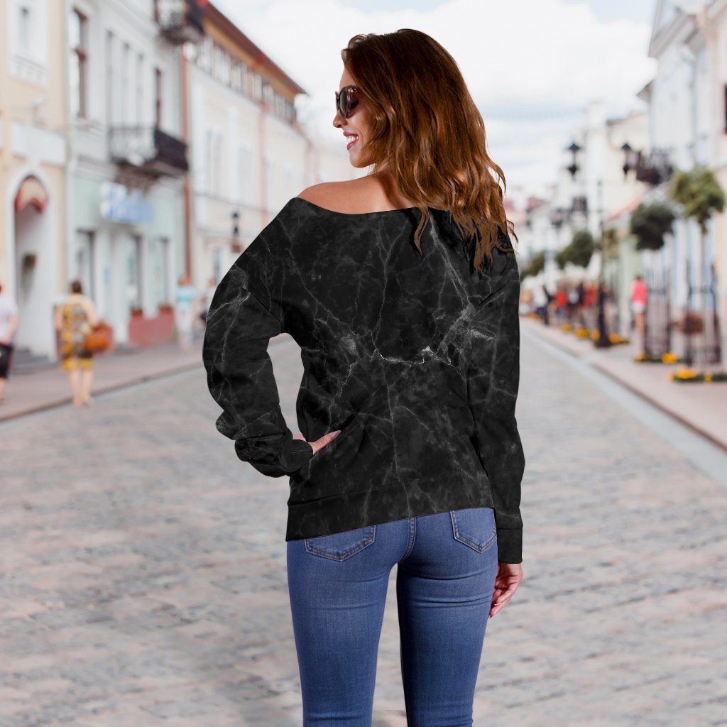 Black Grey Dark Marble Print Off Shoulder Sweatshirt GearFrost