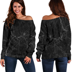 Black Grey Dark Marble Print Off Shoulder Sweatshirt GearFrost