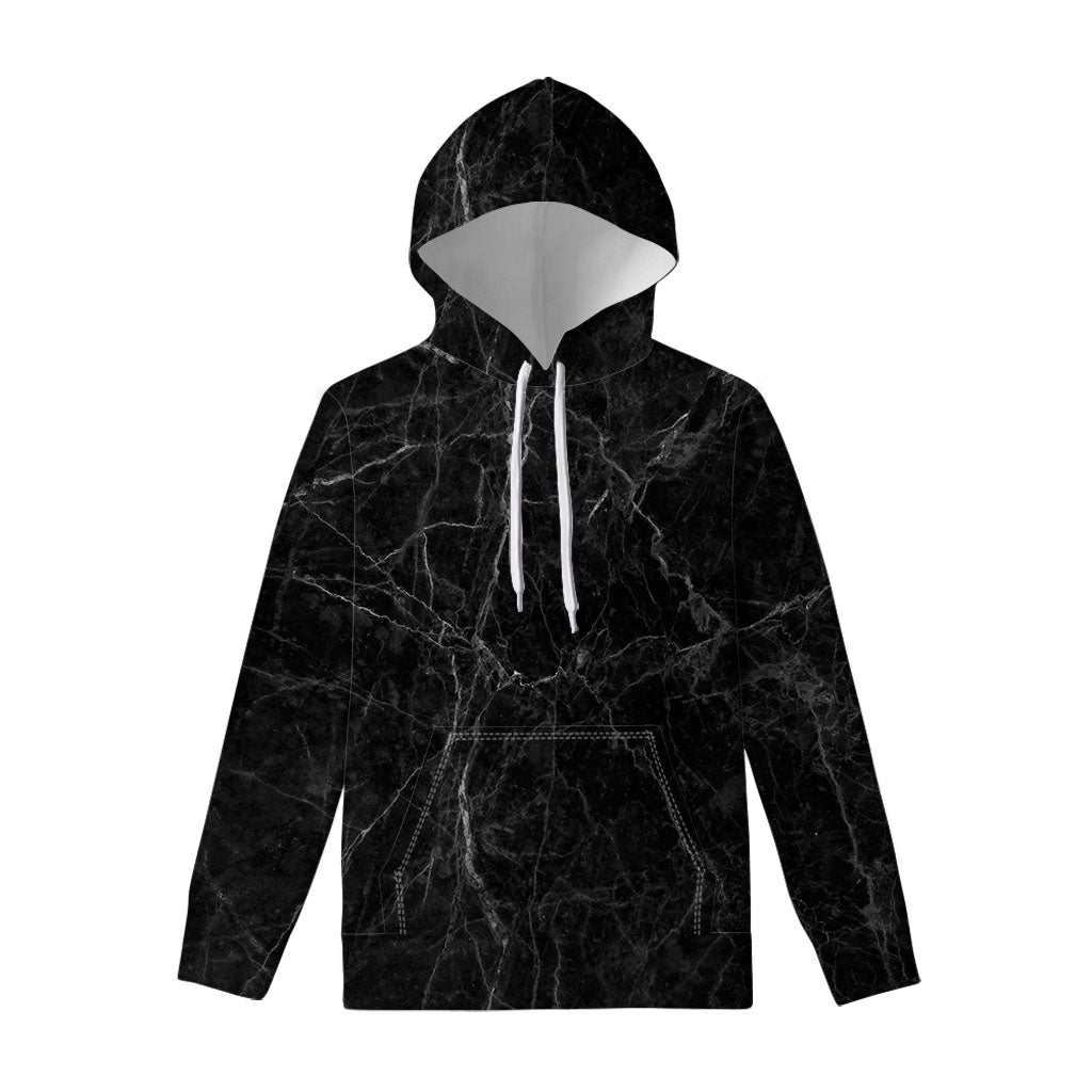 Black Grey Dark Marble Print Pullover Hoodie