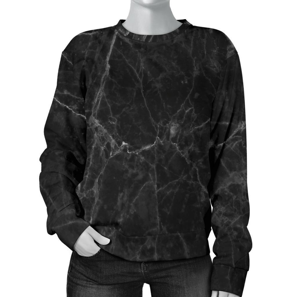 Black Grey Dark Marble Print Women's Crewneck Sweatshirt GearFrost