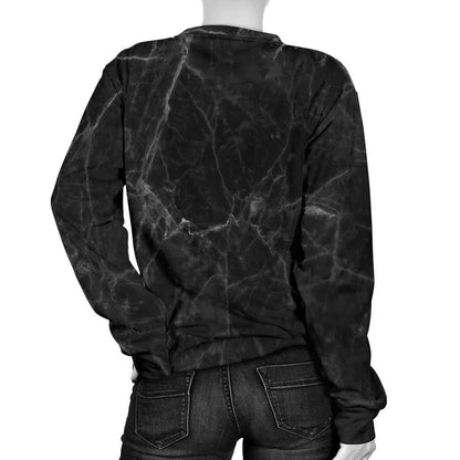 Black Grey Dark Marble Print Women's Crewneck Sweatshirt GearFrost