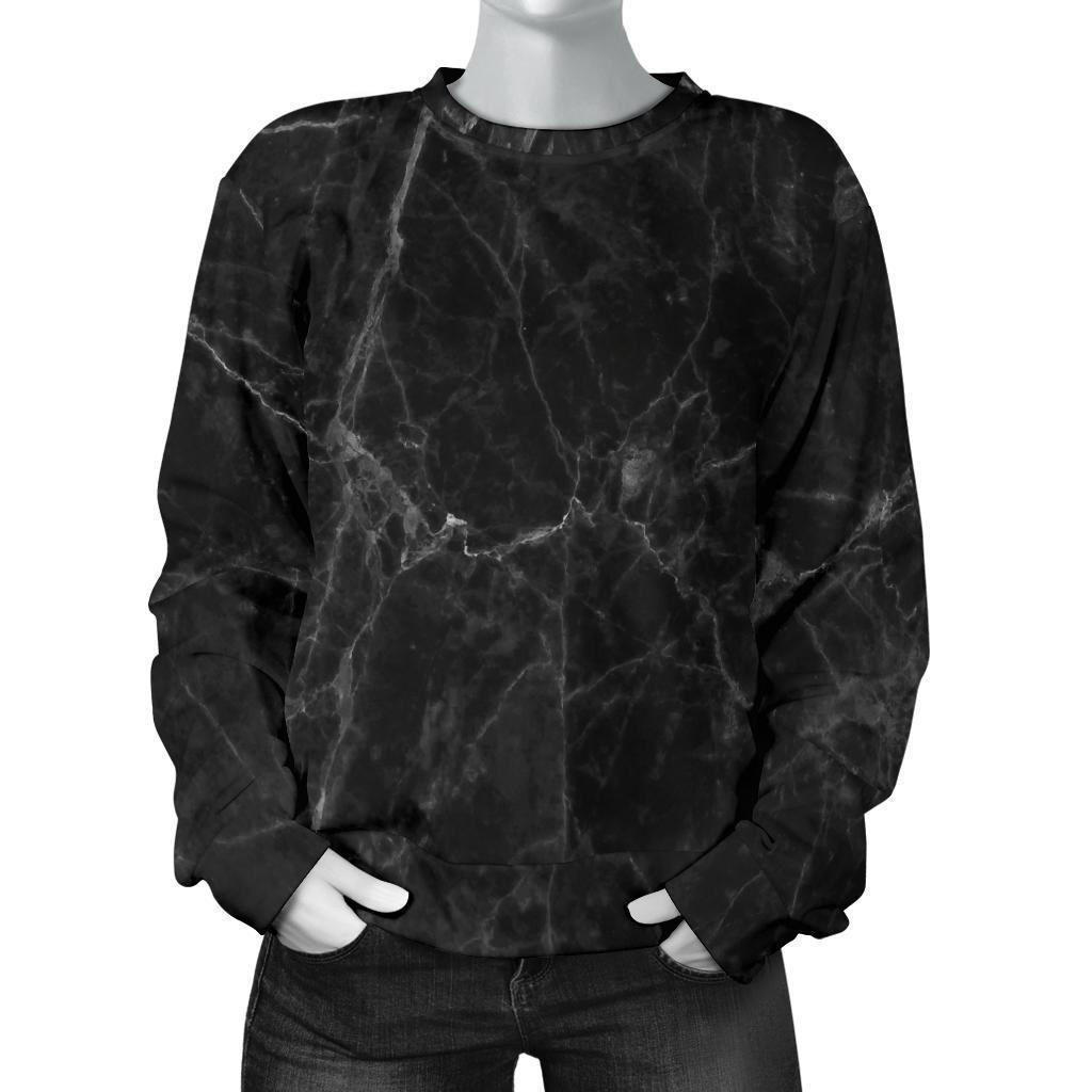 Black Grey Dark Marble Print Women's Crewneck Sweatshirt GearFrost