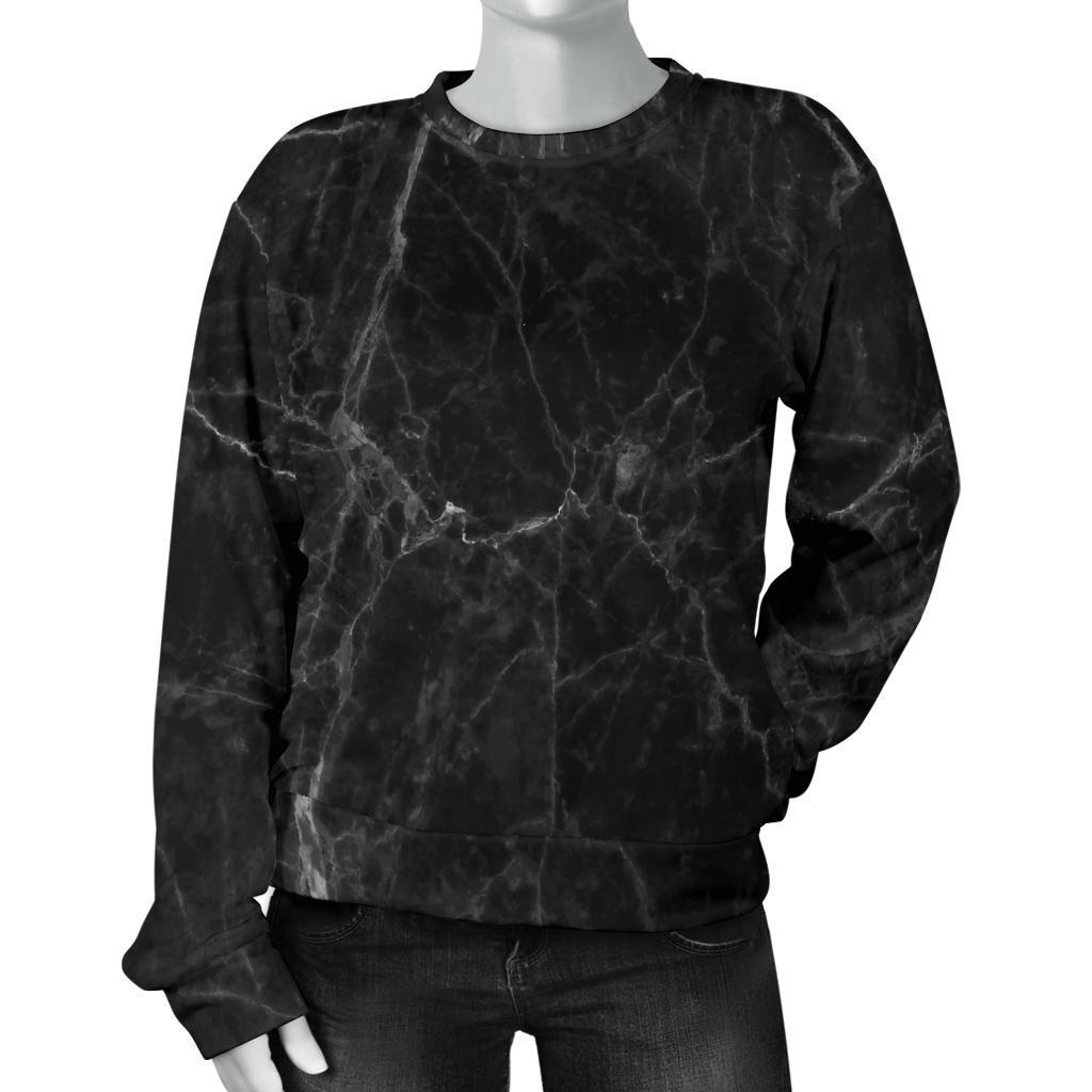 Black Grey Dark Marble Print Women's Crewneck Sweatshirt GearFrost