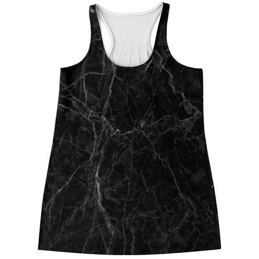 Black Grey Dark Marble Print Women's Racerback Tank Top