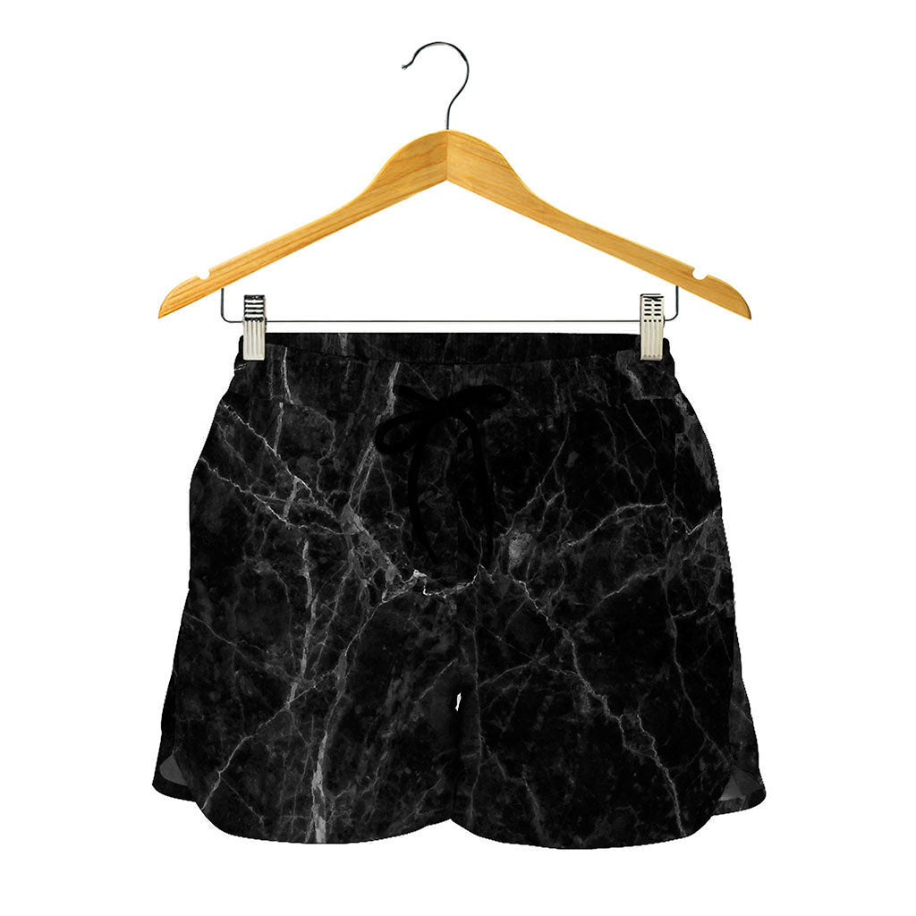 Black Grey Dark Marble Print Women's Shorts