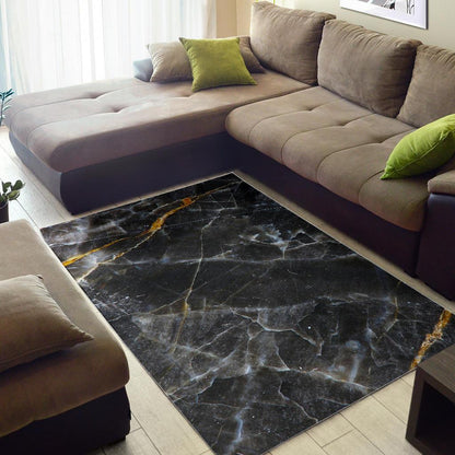 Black Grey Marble Print Area Rug GearFrost
