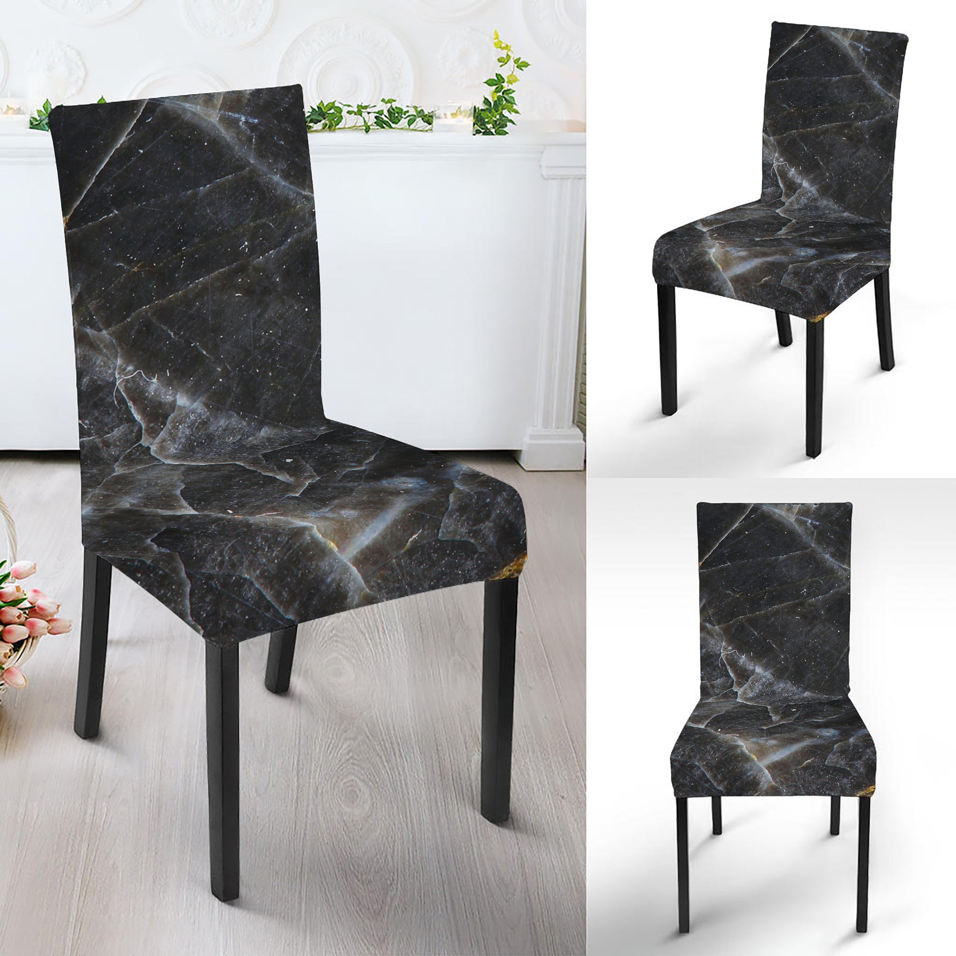 Black Grey Marble Print Dining Chair Slipcover