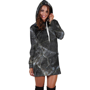 Black Grey Marble Print Hoodie Dress GearFrost