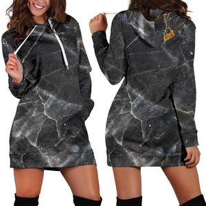 Black Grey Marble Print Hoodie Dress GearFrost