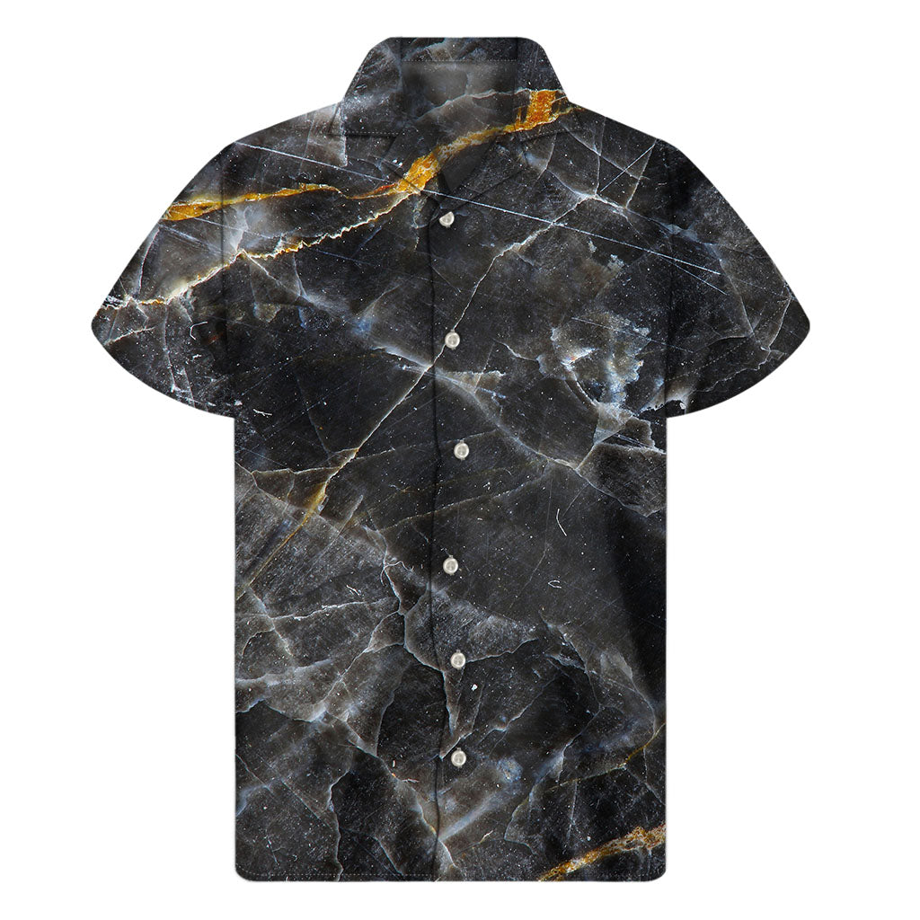 Black Grey Marble Print Men's Short Sleeve Shirt