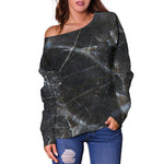 Black Grey Marble Print Off Shoulder Sweatshirt GearFrost