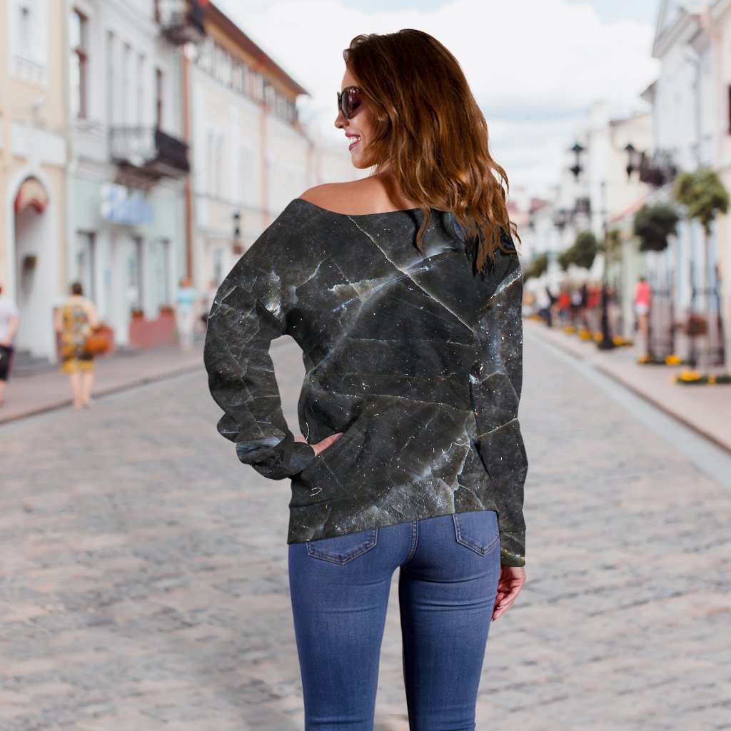 Black Grey Marble Print Off Shoulder Sweatshirt GearFrost