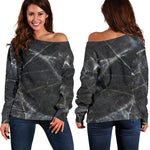 Black Grey Marble Print Off Shoulder Sweatshirt GearFrost