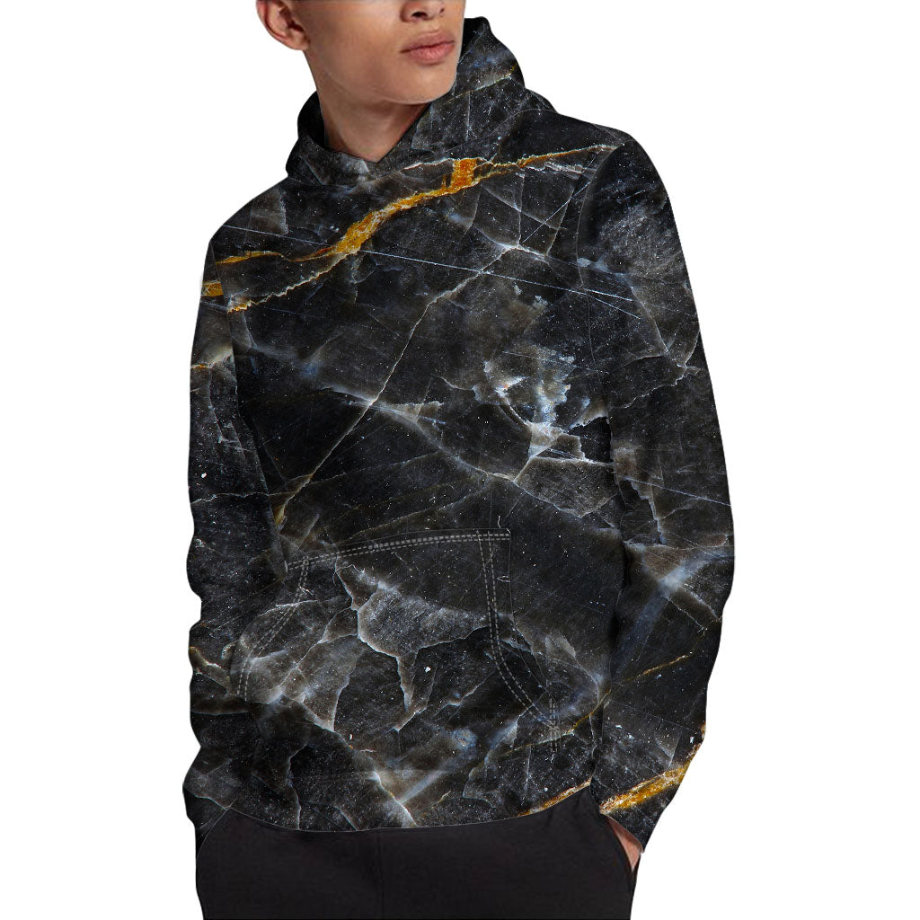 Black Grey Marble Print Pullover Hoodie